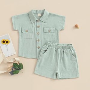 Toddler Baby Boys 2Pcs Linen Short Sleeve Outfits Set Color Block Button Down T-Shirt Elastic Shorts with Pockets (Light Green, 12-18 Months)