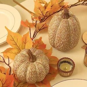 DN DECONATION Thanksgiving Resin Pumpkin Statue, Brown and White Pumpkin Figurine, Faux Decorative Pumpkins for Table Centerpiece, Countryside Autumn Fall, Set of 2, Gift