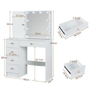 Makeup Vanity with LED Lighted Mirror, White Vanity Desk with Lights,Vanity Table with 5 Drawers and Cushioned Stool, Modern Makeup Vanity Dressing Table for Bedroom