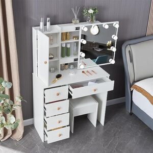 makeup vanity with led lighted mirror, white vanity desk with lights,vanity table with 5 drawers and cushioned stool, modern makeup vanity dressing table for bedroom