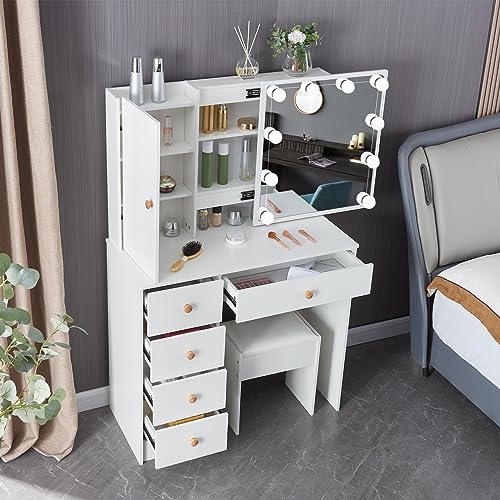 Makeup Vanity with LED Lighted Mirror, White Vanity Desk with Lights,Vanity Table with 5 Drawers and Cushioned Stool, Modern Makeup Vanity Dressing Table for Bedroom