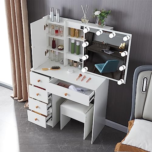 Makeup Vanity with LED Lighted Mirror, White Vanity Desk with Lights,Vanity Table with 5 Drawers and Cushioned Stool, Modern Makeup Vanity Dressing Table for Bedroom