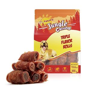jungle calling triple flavor rolls dog treats, made with real chicken duck beef meat, rawhide free dog snacks,healthy, easily digestible, and high protein dog treat, 10.6 oz