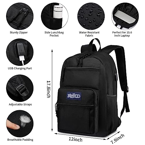 BIKROD Laptop Backpack for Men and Women, 15.6 Inch School Backpack for Teen Boys and Girls, Lightweight Casual Black Travel Backpack with USB Charging Port, Daily-use Bookbag Fits