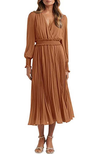 PRETTYGARDEN Wrap V Neck Fall Dresses for Women 2023 Long Sleeve Smocked Wedding Guest Dresses Flowy Pleated Midi Dress (Brown,X-Large)