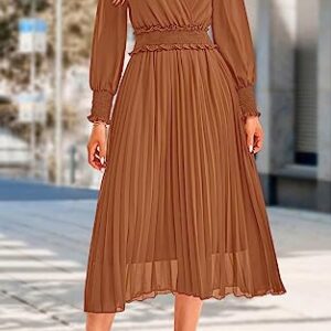 PRETTYGARDEN Wrap V Neck Fall Dresses for Women 2023 Long Sleeve Smocked Wedding Guest Dresses Flowy Pleated Midi Dress (Brown,X-Large)