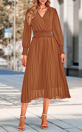 PRETTYGARDEN Wrap V Neck Fall Dresses for Women 2023 Long Sleeve Smocked Wedding Guest Dresses Flowy Pleated Midi Dress (Brown,X-Large)