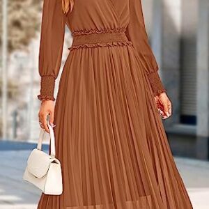 PRETTYGARDEN Wrap V Neck Fall Dresses for Women 2023 Long Sleeve Smocked Wedding Guest Dresses Flowy Pleated Midi Dress (Brown,X-Large)