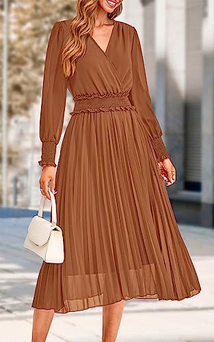 PRETTYGARDEN Wrap V Neck Fall Dresses for Women 2023 Long Sleeve Smocked Wedding Guest Dresses Flowy Pleated Midi Dress (Brown,X-Large)