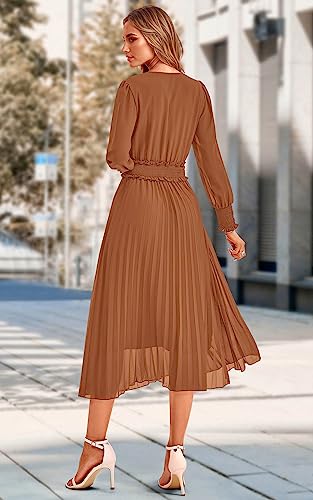 PRETTYGARDEN Wrap V Neck Fall Dresses for Women 2023 Long Sleeve Smocked Wedding Guest Dresses Flowy Pleated Midi Dress (Brown,X-Large)