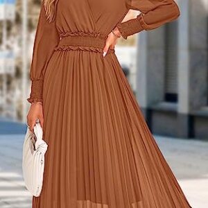 PRETTYGARDEN Wrap V Neck Fall Dresses for Women 2023 Long Sleeve Smocked Wedding Guest Dresses Flowy Pleated Midi Dress (Brown,X-Large)