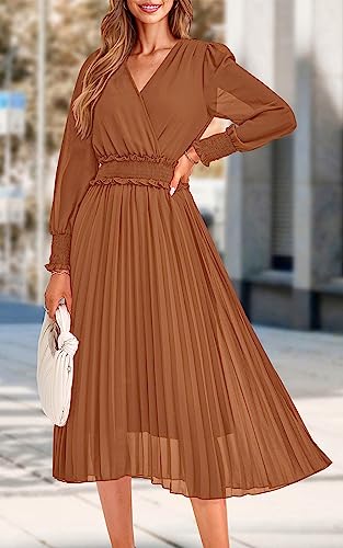 PRETTYGARDEN Wrap V Neck Fall Dresses for Women 2023 Long Sleeve Smocked Wedding Guest Dresses Flowy Pleated Midi Dress (Brown,X-Large)