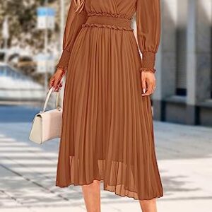 PRETTYGARDEN Wrap V Neck Fall Dresses for Women 2023 Long Sleeve Smocked Wedding Guest Dresses Flowy Pleated Midi Dress (Brown,X-Large)