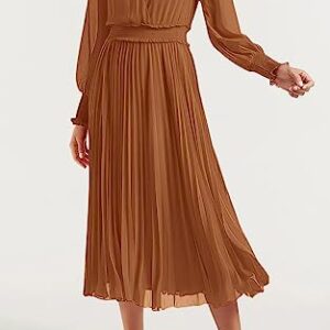 PRETTYGARDEN Wrap V Neck Fall Dresses for Women 2023 Long Sleeve Smocked Wedding Guest Dresses Flowy Pleated Midi Dress (Brown,X-Large)