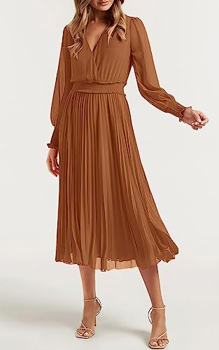 PRETTYGARDEN Wrap V Neck Fall Dresses for Women 2023 Long Sleeve Smocked Wedding Guest Dresses Flowy Pleated Midi Dress (Brown,X-Large)