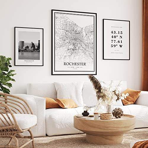 Dear Mapper Rochester United States View Abstract Road Modern Map Art Minimalist Painting Black and White Canvas Line Art Print Poster Art Line Paintings Home Decor (Set of 3 Unframed) (12x16inch)