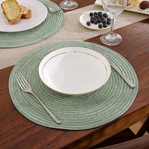 SHACOS Round Braided Placemats Set of 6 Two Tone Bicolor Woven Table Mats 15 inch Washable Dining Table Place Mats for Home Wedding Party, Sage Green White