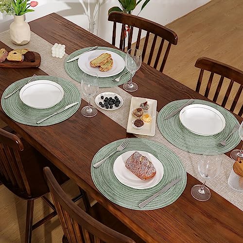 SHACOS Round Braided Placemats Set of 6 Two Tone Bicolor Woven Table Mats 15 inch Washable Dining Table Place Mats for Home Wedding Party, Sage Green White