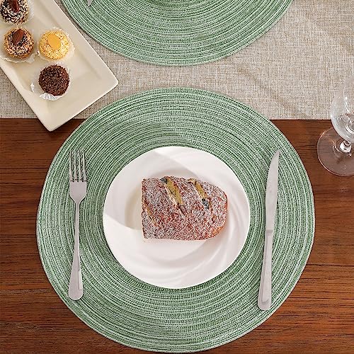 SHACOS Round Braided Placemats Set of 6 Two Tone Bicolor Woven Table Mats 15 inch Washable Dining Table Place Mats for Home Wedding Party, Sage Green White