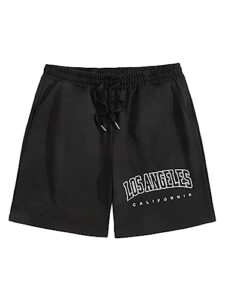 cozyease mens casual graphic print shorts high waisted drawstring summer beach shorts with pocket black letter print m