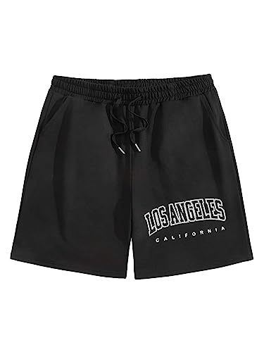 Cozyease Mens Casual Graphic Print Shorts High Waisted Drawstring Summer Beach Shorts with Pocket Black Letter Print M