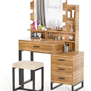 PakaLife Makeup Vanity Desk with Mirror and 3-Color Lights, 39.4" Makeup Vanity Set with Drawers, Storage Shelves and Stool, 3 Lighting Modes Adjustable, White Vanity (Brown)