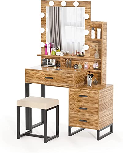 PakaLife Makeup Vanity Desk with Mirror and 3-Color Lights, 39.4" Makeup Vanity Set with Drawers, Storage Shelves and Stool, 3 Lighting Modes Adjustable, White Vanity (Brown)