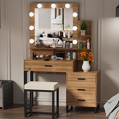 PakaLife Makeup Vanity Desk with Mirror and 3-Color Lights, 39.4" Makeup Vanity Set with Drawers, Storage Shelves and Stool, 3 Lighting Modes Adjustable, White Vanity (Brown)