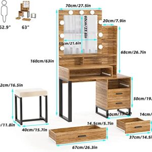 PakaLife Makeup Vanity Desk with Mirror and 3-Color Lights, 39.4" Makeup Vanity Set with Drawers, Storage Shelves and Stool, 3 Lighting Modes Adjustable, White Vanity (Brown)