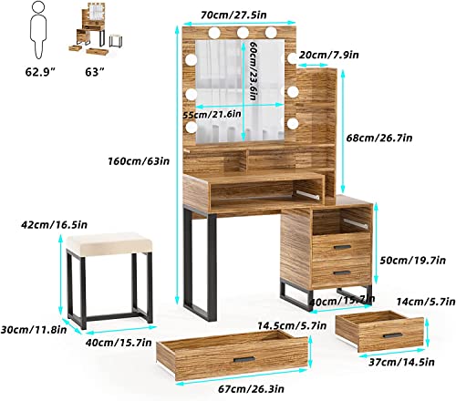 PakaLife Makeup Vanity Desk with Mirror and 3-Color Lights, 39.4" Makeup Vanity Set with Drawers, Storage Shelves and Stool, 3 Lighting Modes Adjustable, White Vanity (Brown)