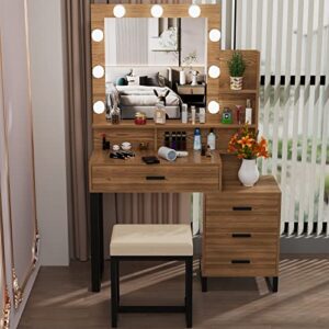 PakaLife Makeup Vanity Desk with Mirror and 3-Color Lights, 39.4" Makeup Vanity Set with Drawers, Storage Shelves and Stool, 3 Lighting Modes Adjustable, White Vanity (Brown)