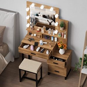 PakaLife Makeup Vanity Desk with Mirror and 3-Color Lights, 39.4" Makeup Vanity Set with Drawers, Storage Shelves and Stool, 3 Lighting Modes Adjustable, White Vanity (Brown)