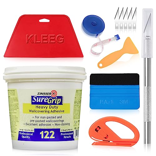 Zinsser SureGrip 122 Heavy Duty Wallcovering Adhesive, Wallpaper Glue + KLEEG Wallpaper Smoothing Tool, Wallpaper Tools Kit, Wall Paper Adhesive, Vinyl Wallcovering