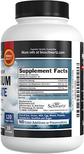 Magnesium Glycinate 500mg Capsules (120 Mini Caps) Maximum Absorption Magnesium Supplement for Nerves Muscles Heart Mood and Sleep Support (Vegan Safe with No Gluten, Soy or GMOs) by BioSchwartz