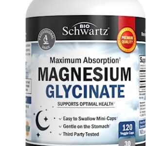 Magnesium Glycinate 500mg Capsules (120 Mini Caps) Maximum Absorption Magnesium Supplement for Nerves Muscles Heart Mood and Sleep Support (Vegan Safe with No Gluten, Soy or GMOs) by BioSchwartz