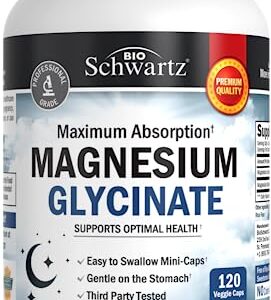 Magnesium Glycinate 500mg Capsules (120 Mini Caps) Maximum Absorption Magnesium Supplement for Nerves Muscles Heart Mood and Sleep Support (Vegan Safe with No Gluten, Soy or GMOs) by BioSchwartz