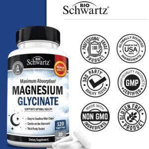 Magnesium Glycinate 500mg Capsules (120 Mini Caps) Maximum Absorption Magnesium Supplement for Nerves Muscles Heart Mood and Sleep Support (Vegan Safe with No Gluten, Soy or GMOs) by BioSchwartz