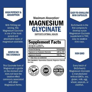 Magnesium Glycinate 500mg Capsules (120 Mini Caps) Maximum Absorption Magnesium Supplement for Nerves Muscles Heart Mood and Sleep Support (Vegan Safe with No Gluten, Soy or GMOs) by BioSchwartz