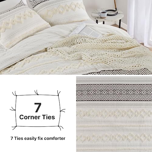 Hyde Lane Asha Boho Duvet Cover King, Farmhouse Ivory 100% Cotton Tufted Bedding Set with Zipper, Mid Century Modern Comforter Covers, 3 Pieces Including Matching Pillow Shams (104x90 Inches)