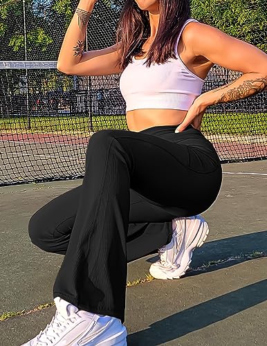 Pinspark Women's High Waisted Bootcut Yoga Pants Ribbed Flare Yoga Pants Tummy Control Elastic Bootleg Gym Pants with Pockets Black XL