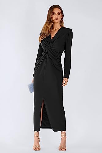 PRETTYGARDEN Women's Fall Fashion 2023 Long Puff Sleeve Maxi Dresses V Neck Twist Front Formal Dress with Slit (Black,Medium)