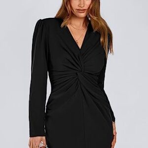 PRETTYGARDEN Women's Fall Fashion 2023 Long Puff Sleeve Maxi Dresses V Neck Twist Front Formal Dress with Slit (Black,Medium)
