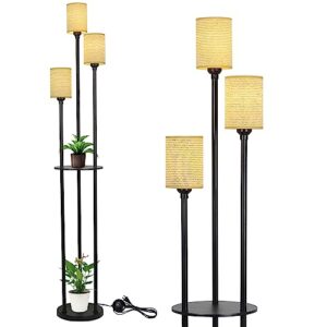 boho floor lamp with shelves, black floor lamp with hand-woven shade, 3-lights corner display standing lamp, farmhouse rustic floor lamps for living room, bedroom, office, metal tall lamp for reading