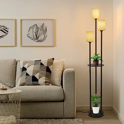 Boho Floor Lamp with Shelves, Black Floor Lamp with Hand-woven Shade, 3-Lights Corner Display Standing Lamp, Farmhouse Rustic Floor Lamps For Living Room, Bedroom, Office, Metal Tall Lamp for Reading