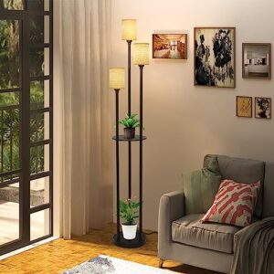 Boho Floor Lamp with Shelves, Black Floor Lamp with Hand-woven Shade, 3-Lights Corner Display Standing Lamp, Farmhouse Rustic Floor Lamps For Living Room, Bedroom, Office, Metal Tall Lamp for Reading