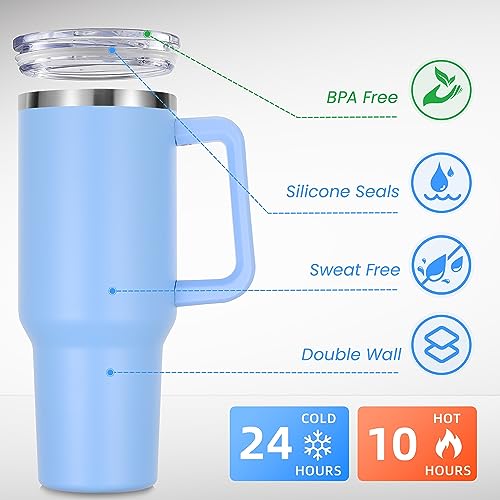 DOMICARE 40 oz Tumbler with Handle and Straw, Stainless Steel Tumbler with Lid and Straw, Reusable Vacuum Insulated Cup, Travel Coffee Mug, Blue, 1Pack