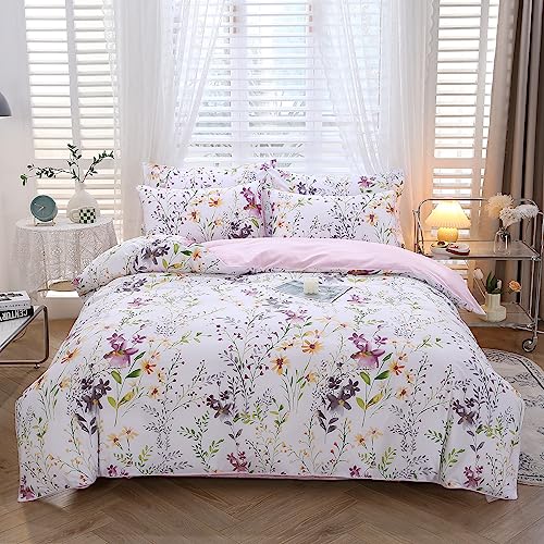 URBONUR Floral Duvet Cover Set King Size 3-Pieces Egyptian Cotton Percale Sateen Bedding Set Garden Shabby Flowers Comforter Cover, Soft Breathable Durable Duvet Covers with Button Closure