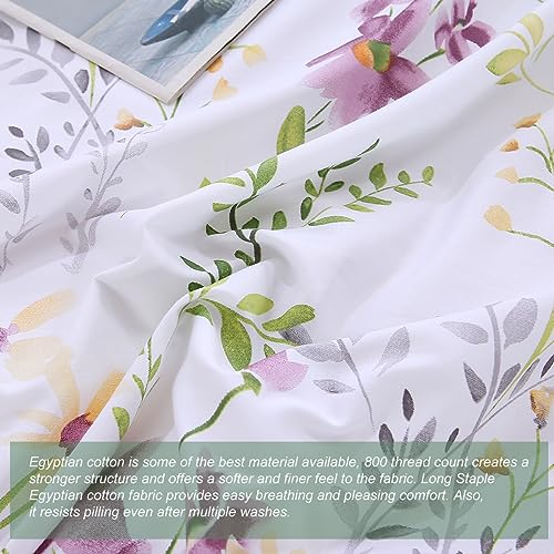 URBONUR Floral Duvet Cover Set King Size 3-Pieces Egyptian Cotton Percale Sateen Bedding Set Garden Shabby Flowers Comforter Cover, Soft Breathable Durable Duvet Covers with Button Closure