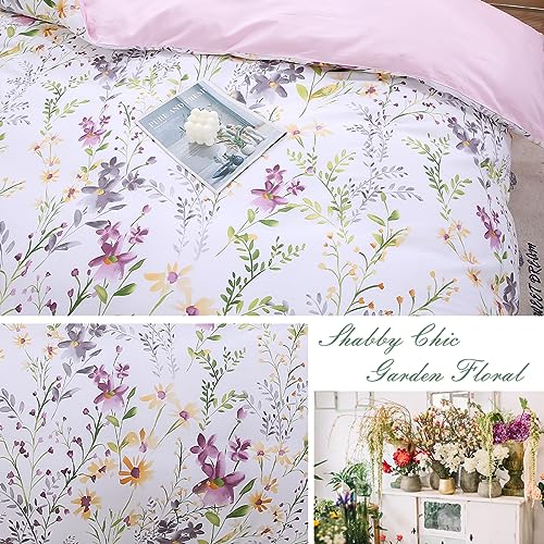 URBONUR Floral Duvet Cover Set King Size 3-Pieces Egyptian Cotton Percale Sateen Bedding Set Garden Shabby Flowers Comforter Cover, Soft Breathable Durable Duvet Covers with Button Closure