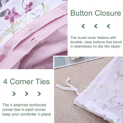 URBONUR Floral Duvet Cover Set King Size 3-Pieces Egyptian Cotton Percale Sateen Bedding Set Garden Shabby Flowers Comforter Cover, Soft Breathable Durable Duvet Covers with Button Closure